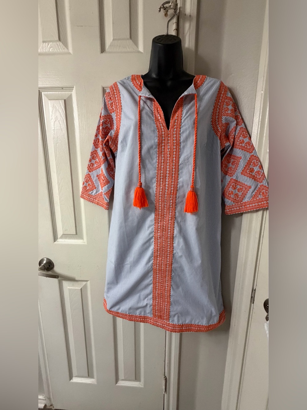 Gretchen Scott Odessa Striped Embroidered Tunic Dress with orange tassels Size M